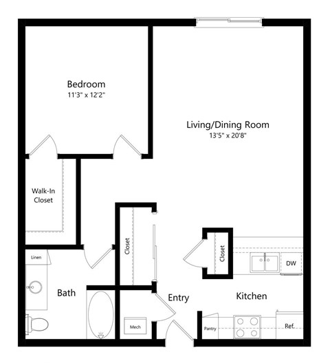 the 1-bedroom, 1-bathroom, 786 square feet Imperial floor plan at Pine Lake Heights apartments in Lincoln, NE